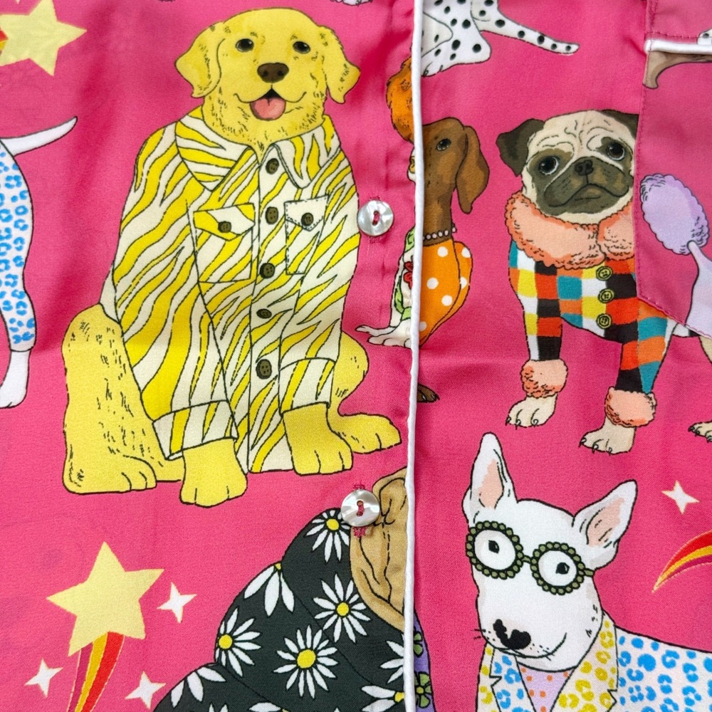 KAREN MABON Fashion Dogs Pink Satin Pajama Set Short Sleeve PJs Size Medium - Picture 10 of 10